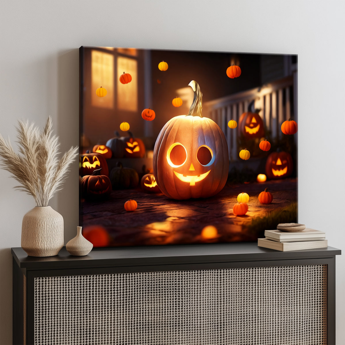 Ghostly Pumpkin Porch Halloween Canvas Wall Art