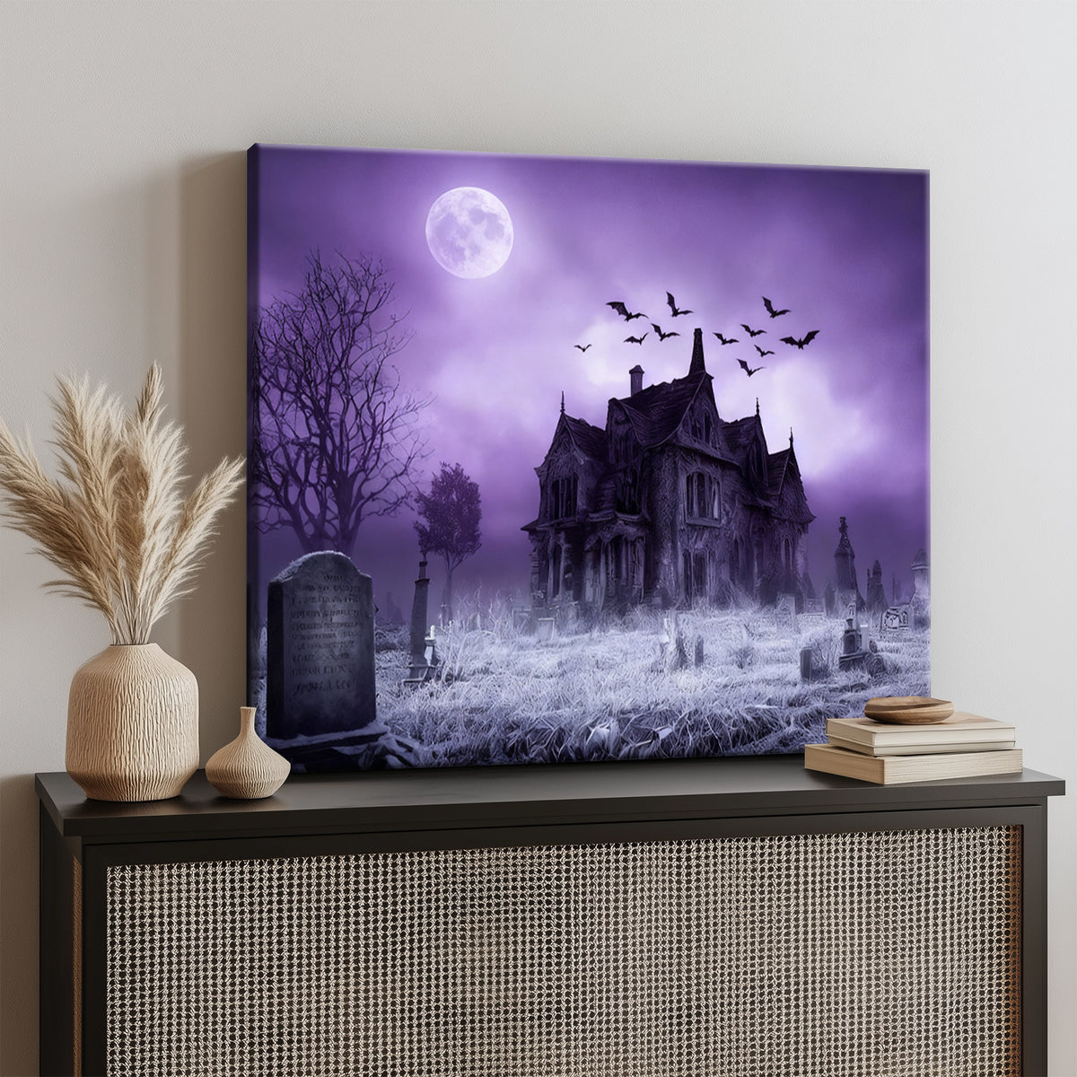 Haunted Mansion Halloween Canvas Wall Art, Full Moon Cemetery Decor