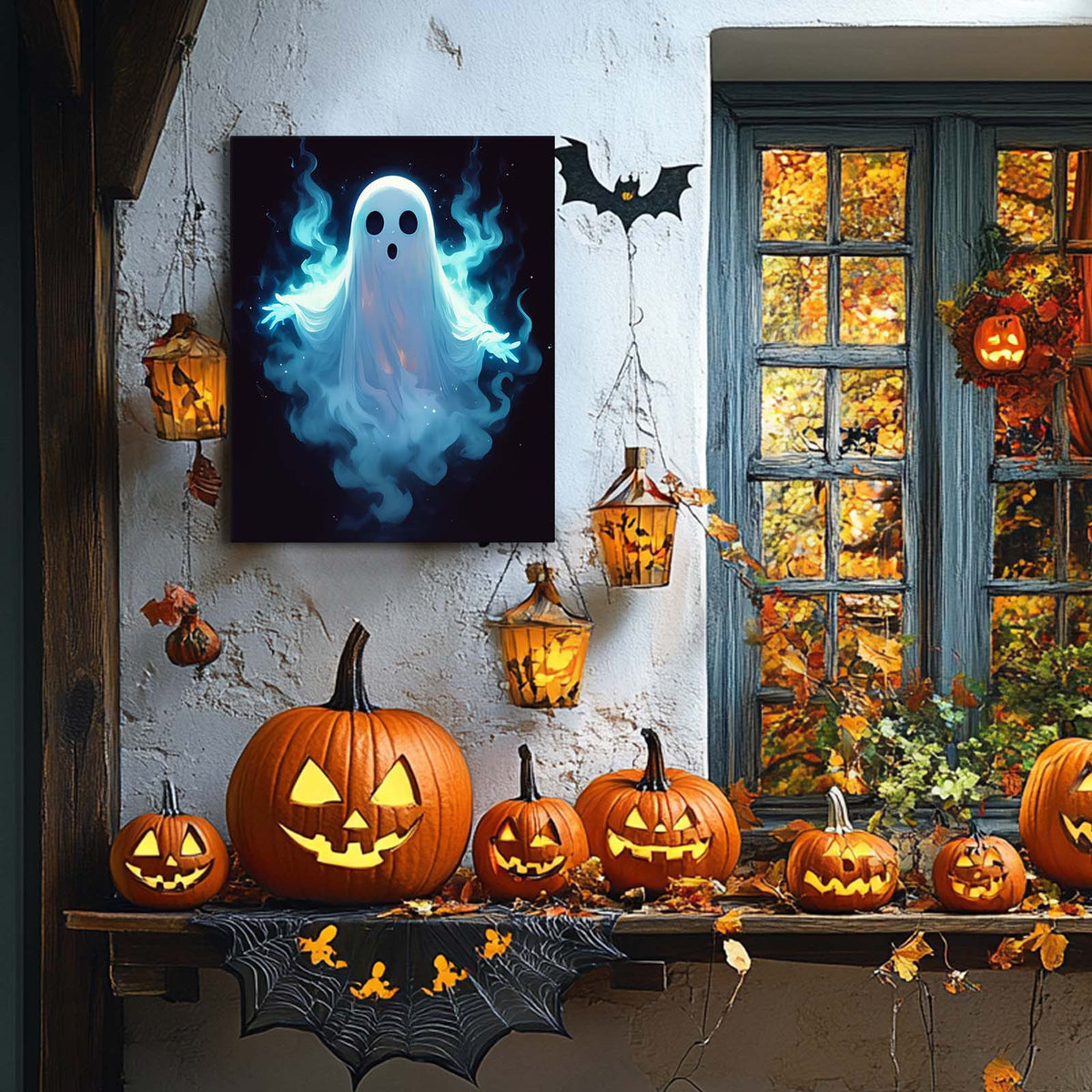 Haunted Glowing Blue Ghost Illustration Halloween Wall Art