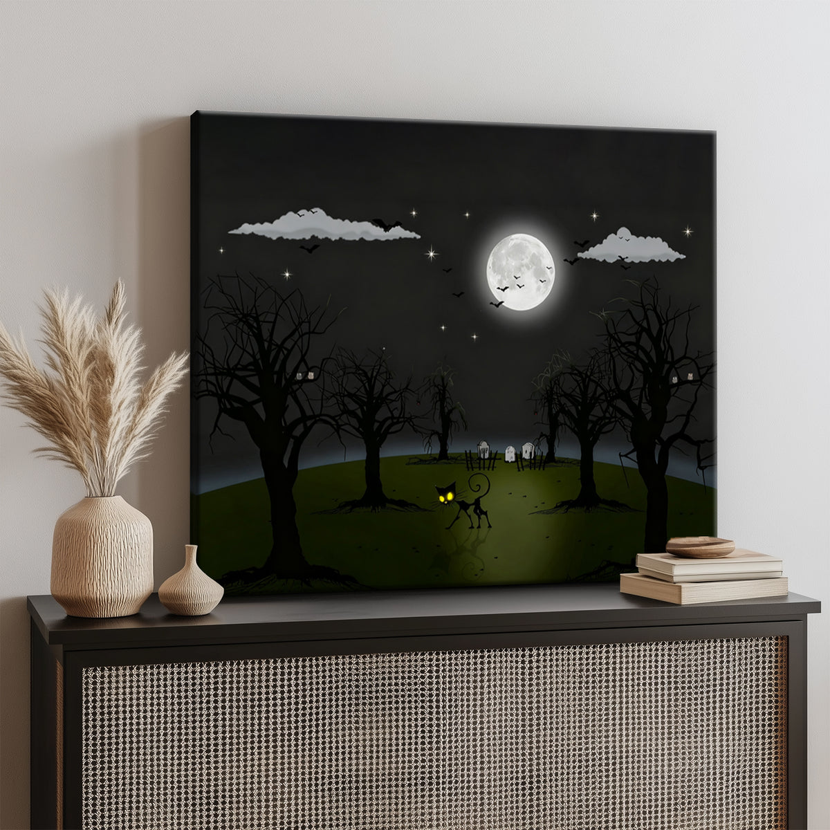 Moonlit Haunted Meadow Halloween Canvas Wall Art
