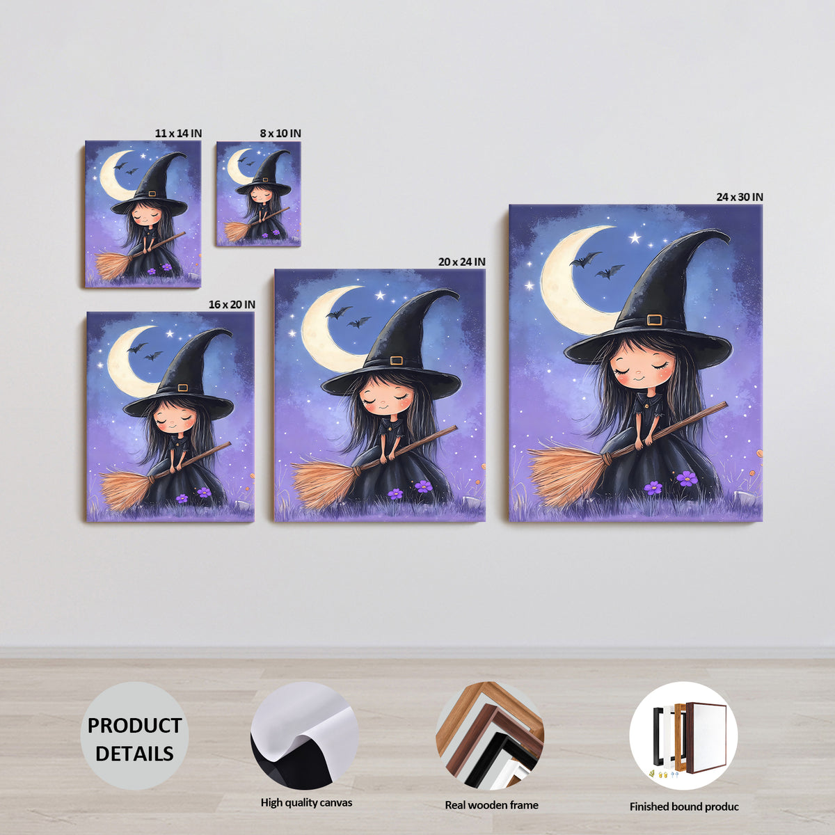 Little Witch Under the Crescent Moon Halloween Canvas Wall Art