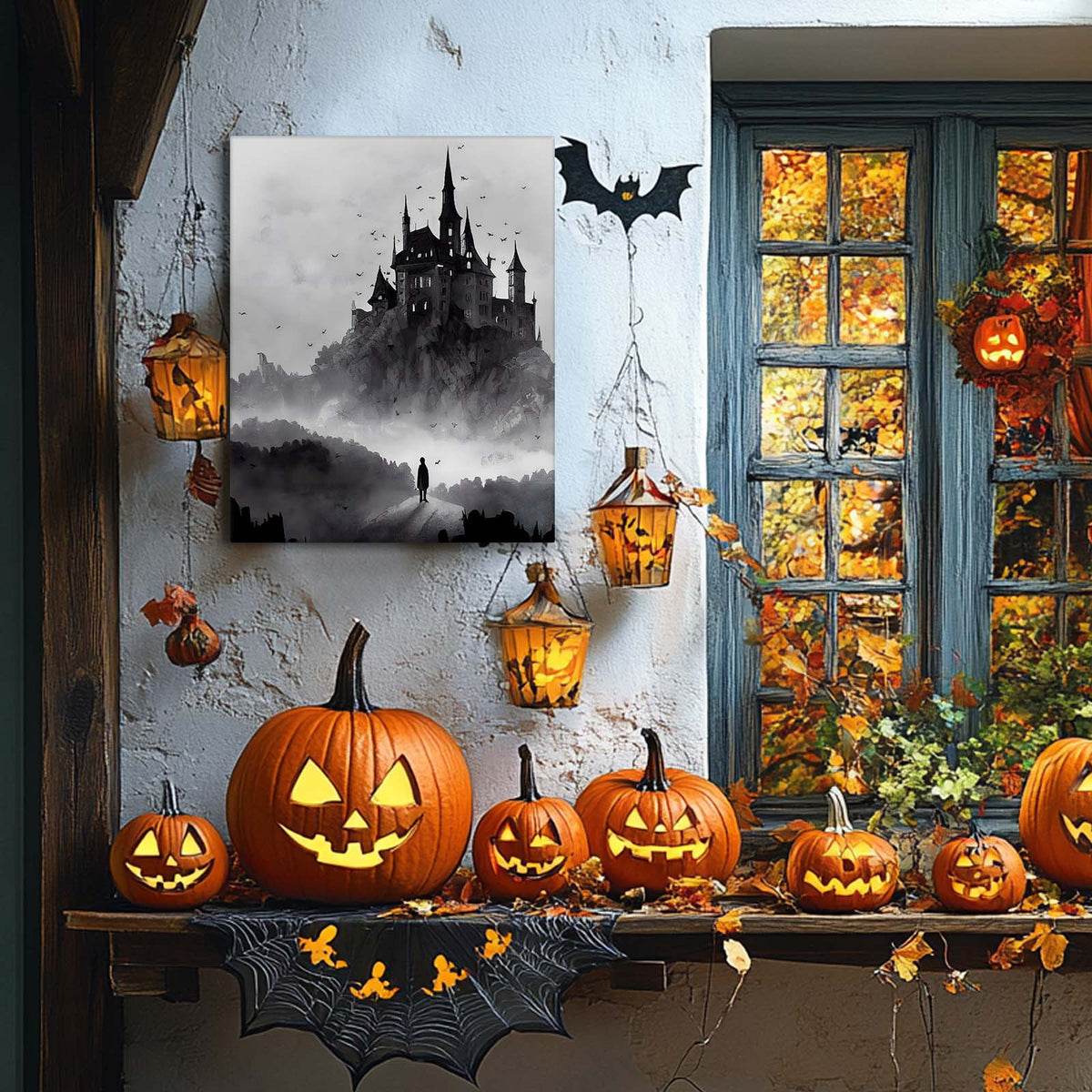 Haunted Gothic Castle in the Mist with Bats Illustration Halloween Wall Art