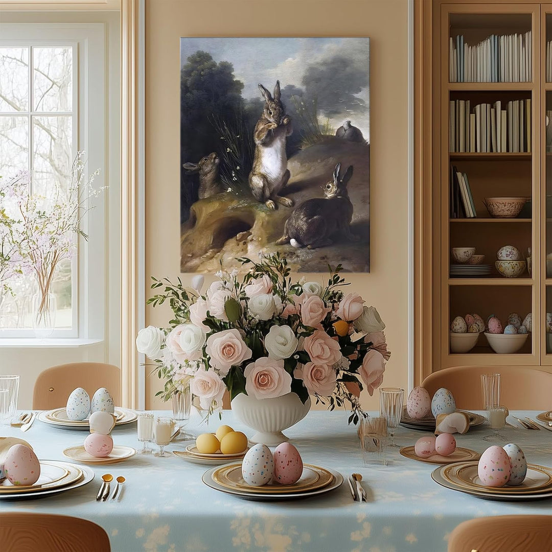 Easter Rabbits Canvas Wall Art, Adorable 4 Hares and Cave Oil Painting Home Decor, Nature-Inspired Wall Decor Stunning Lovable Bunny Canvas Prints for Living Room