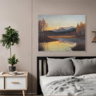 Mountain Lake at Autumn Sunset Serene Rustic Landscape Painting Wall Art
