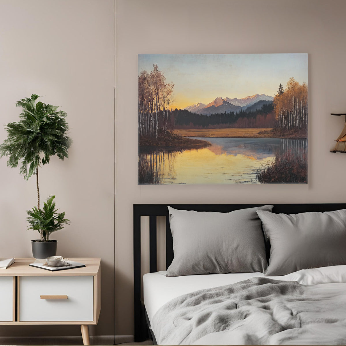 Mountain Lake at Autumn Sunset Serene Rustic Landscape Painting Wall Art