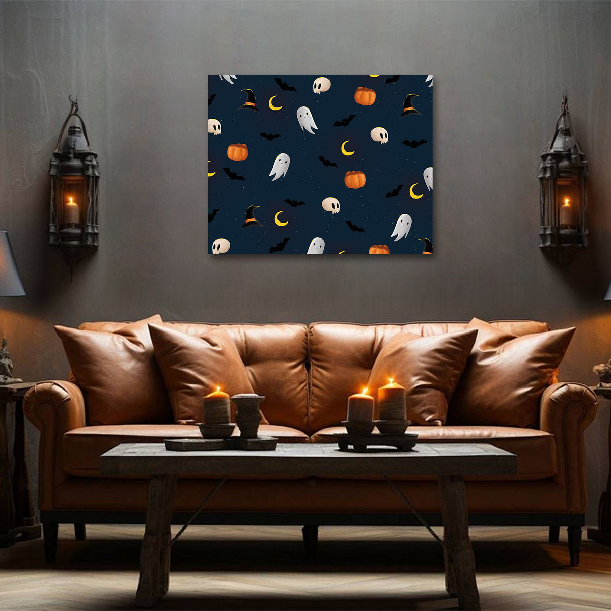 Cute Ghost, Bat and Pumpkin Pattern Illustration Halloween Ghost Wall Art