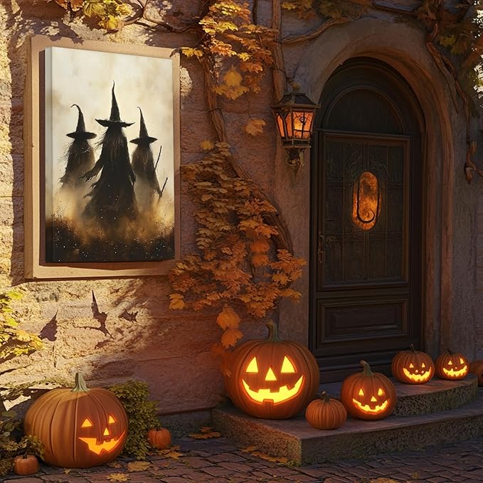 Witch Walking Through the Meadow Halloween Canvas Wall Art