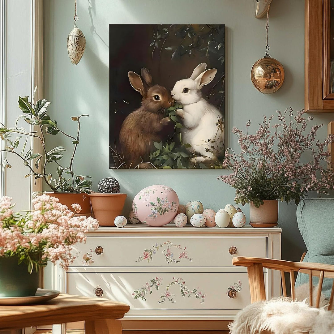 Easter Rabbits Canvas Wall Art, Adorable Hares Eating Leaves Oil Painting Home Decor, Nature-Inspired Wall Decor Stunning Lovable Bunny Canvas Prints for Living Room