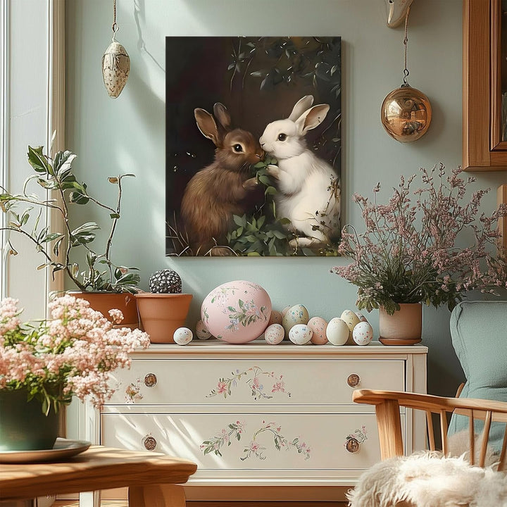 Easter Rabbits Canvas Wall Art, Adorable Hares Eating Leaves Oil Painting Home Decor, Nature-Inspired Wall Decor Stunning Lovable Bunny Canvas Prints for Living Room