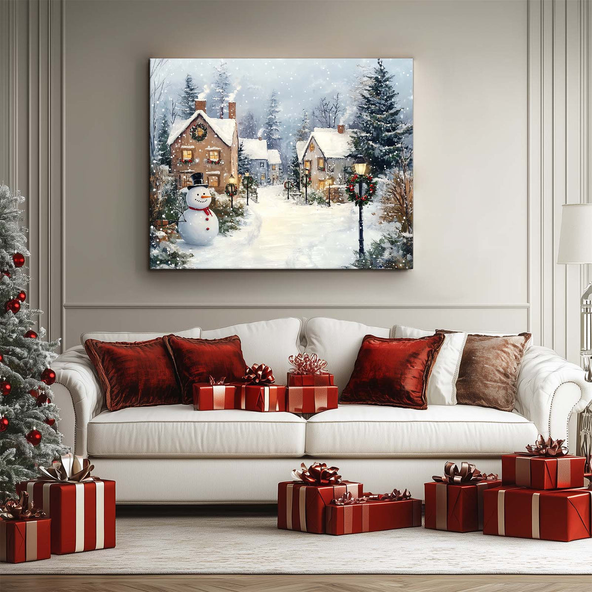 Snowman Christmas Village Canvas Wall Art, Snowy Holiday Town with Wreaths and Lights Decor