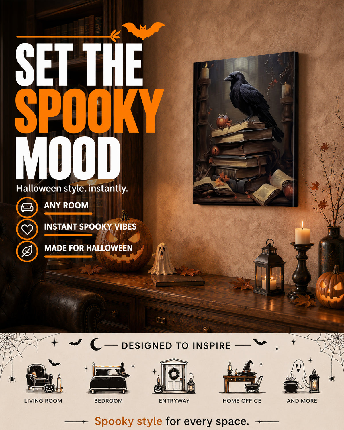Halloween Raven Canvas Wall Art, Gothic Moonlit Bird Decor