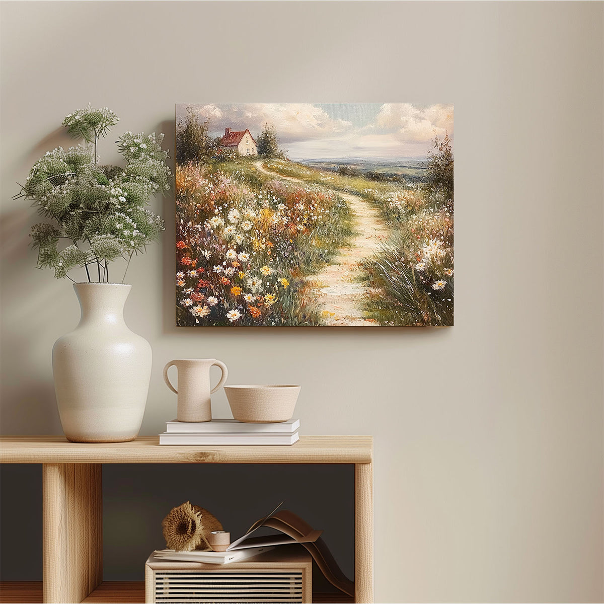 Wildflower Cottage Path Impressionist Countryside Landscape Painting Wall Art