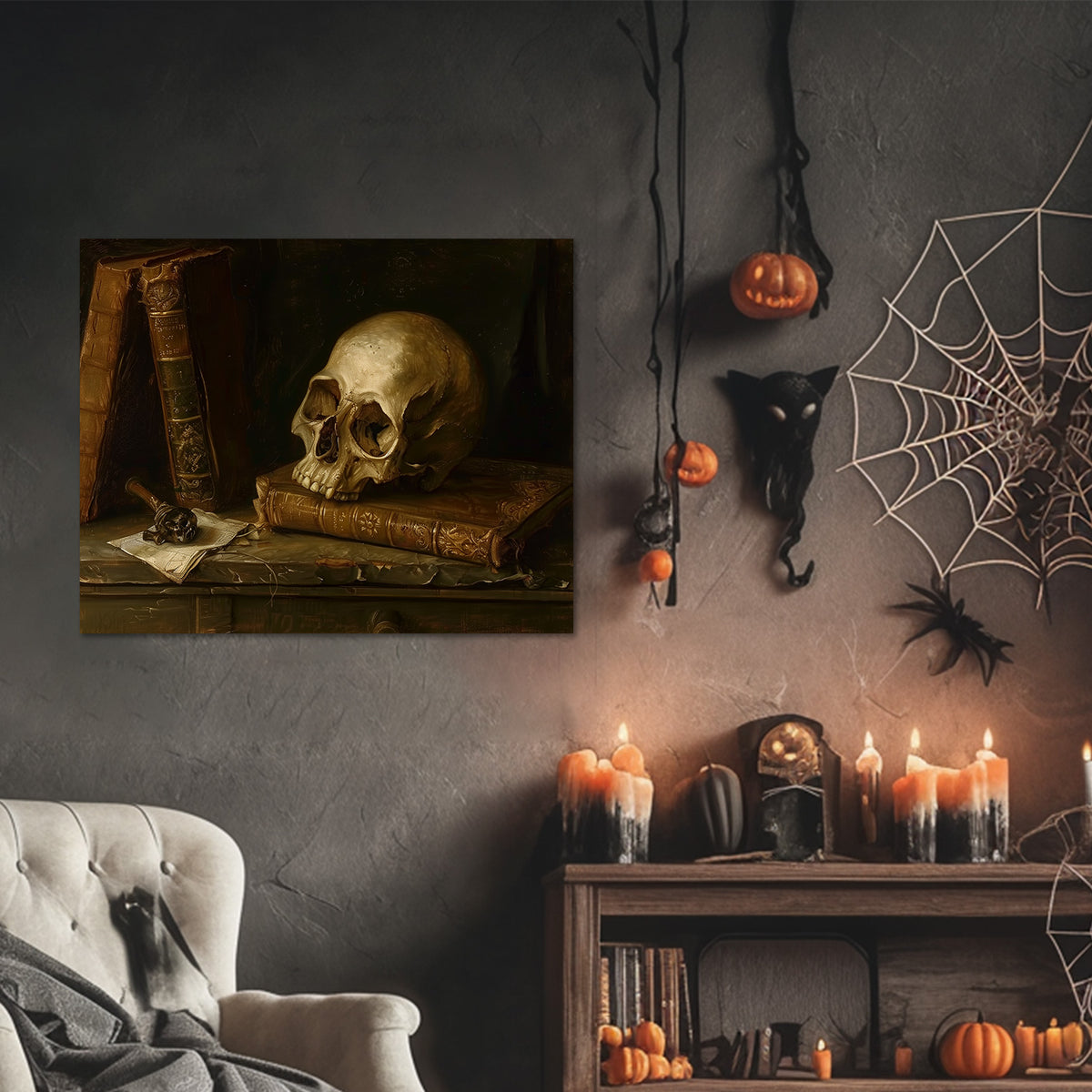Gothic Skull and Antique Books Still Life Canvas Wall Art