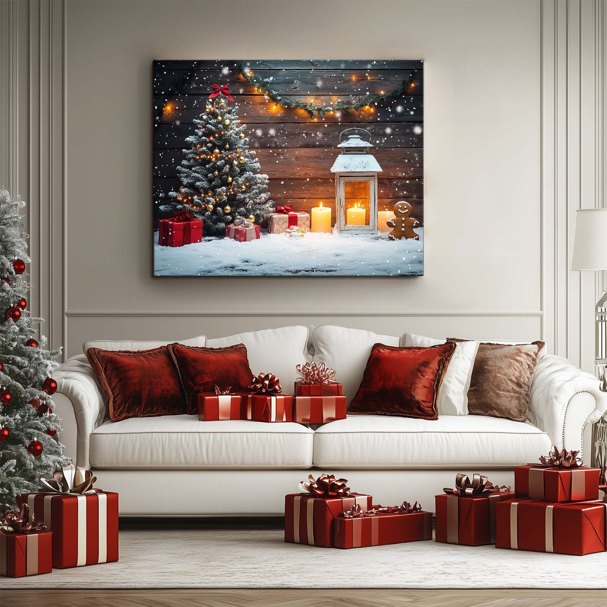 Rustic Christmas Cottage Canvas Wall Art, Snowy Holiday Scenes with Christmas Trees, Lanterns and Gingerbread Decor