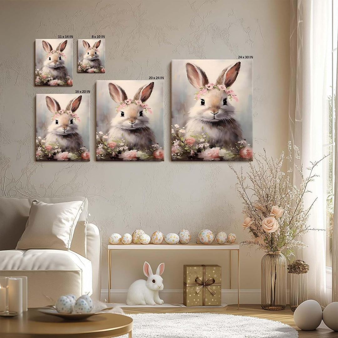 Floral Easter Bunny Canvas Wall Art, Bunny and Flowers Farmhouse Decor Cozy Easter Print Painting Spring Aesthetic Artwork, Holiday Gift Bedroom Living Room Decoration