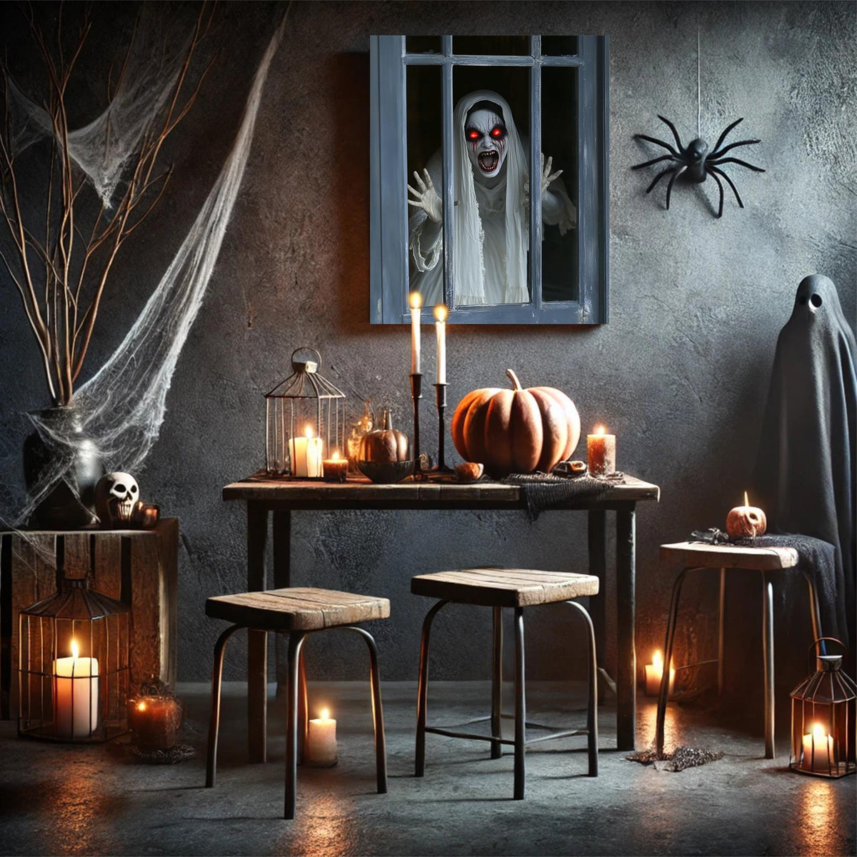 Haunted Ghost at the Window Canvas Wall Art – Scary Halloween Horror Home Decor