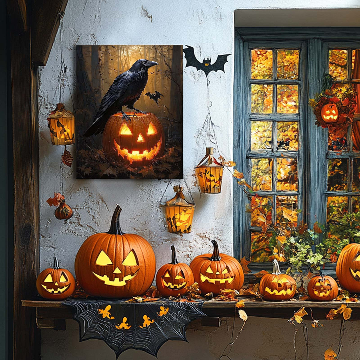 Dark Gothic Painting Raven and Pumpkin Halloween Wall Art