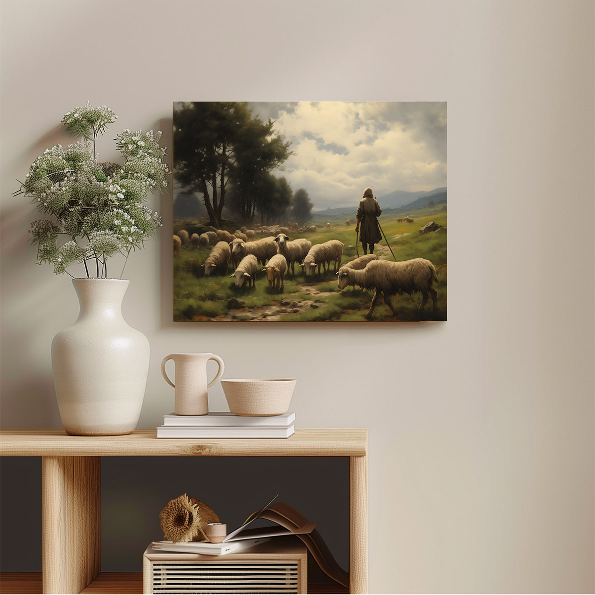 Classic Pastoral Landscape Painting Shepherd and Sheep Pasture Wall Art