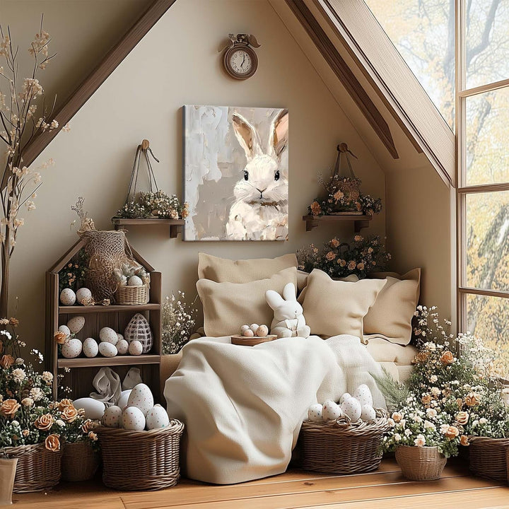 Framed Easter Canvas Wall Art, Vibrant Bunny Canvas Print Poster, Fresh Easter Bunny Painting Stylish Artwork Decoration Pictures Wall Decor for Kitchen Dorm Bedroom Living Room