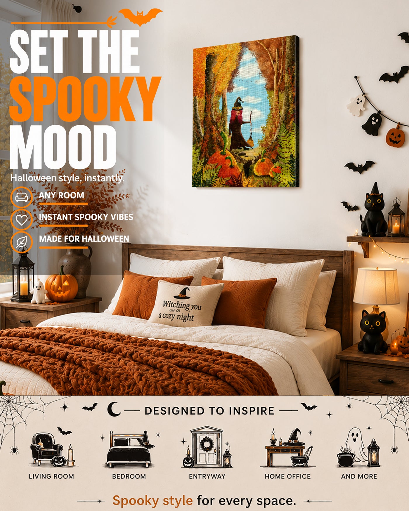 Little Witch’s Pumpkin Forest Adventure Halloween Canvas Wall Art