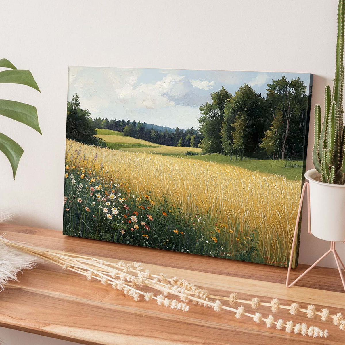 Impressionist Countryside Landscape Painting Golden Wheat Meadow Wall Art