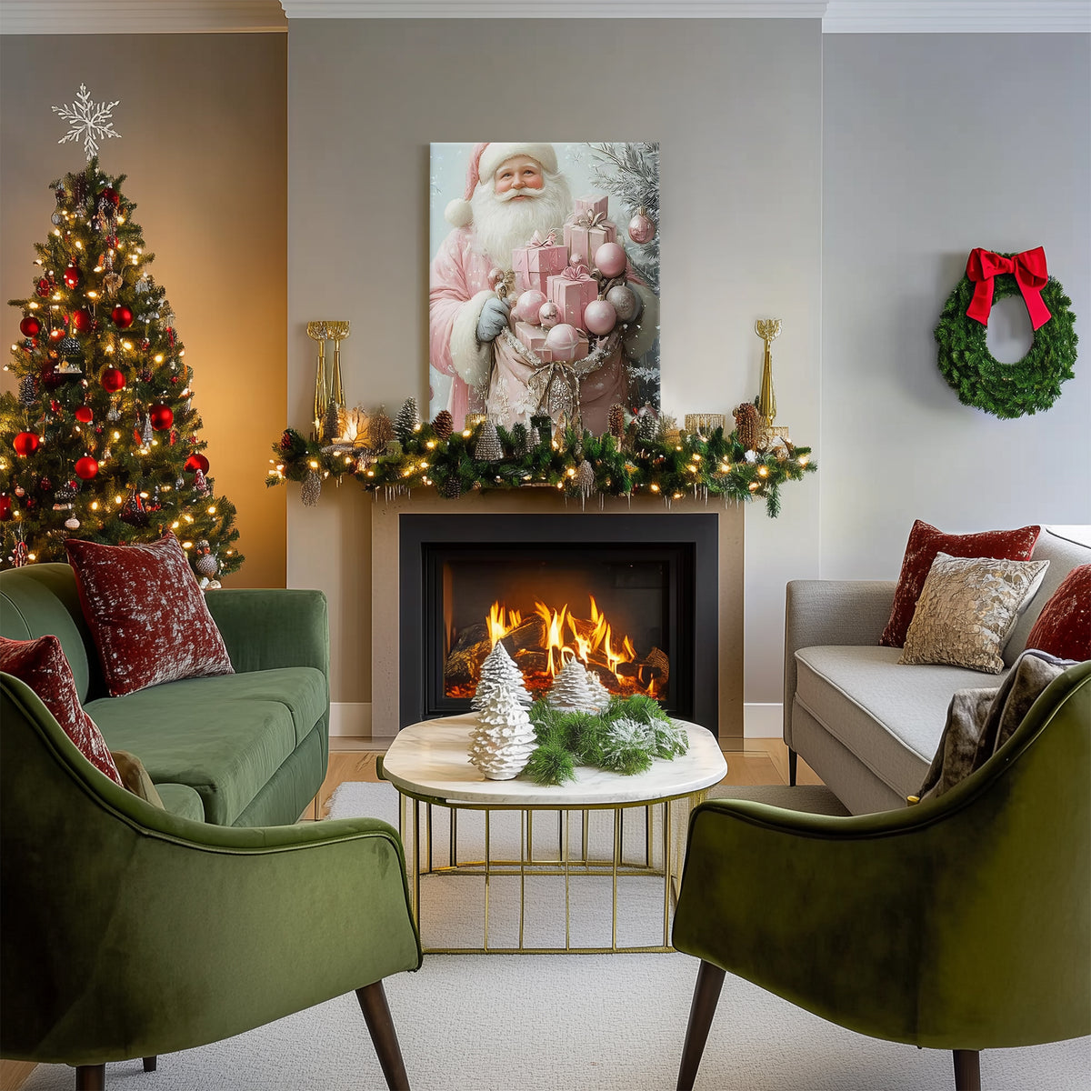 Pink Santa Claus Christmas Canvas Wall Art with Gifts, Whimsical Holiday Decor for Bedroom, Living Room and Nursery