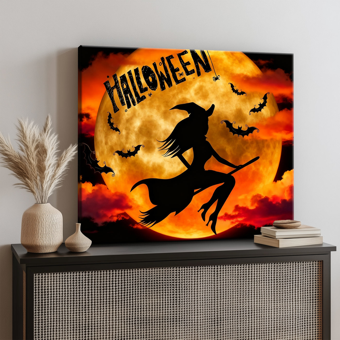 Witch’s Flight Under the Halloween Moon Canvas Wall Art