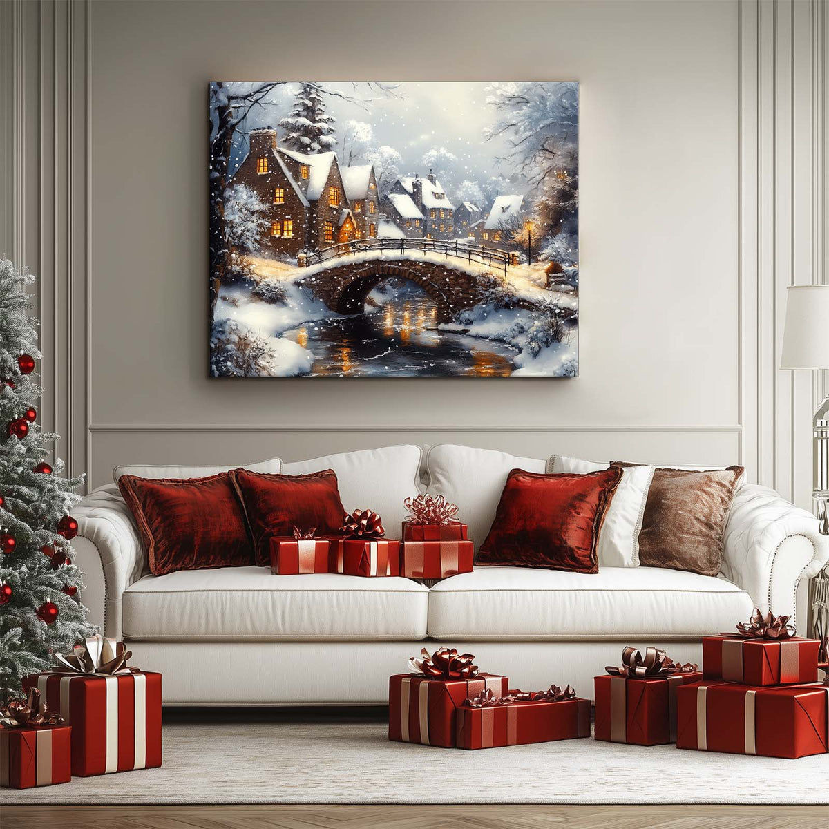 Snowy Christmas Village Canvas Wall Art, Cozy Winter Town Holiday Decor