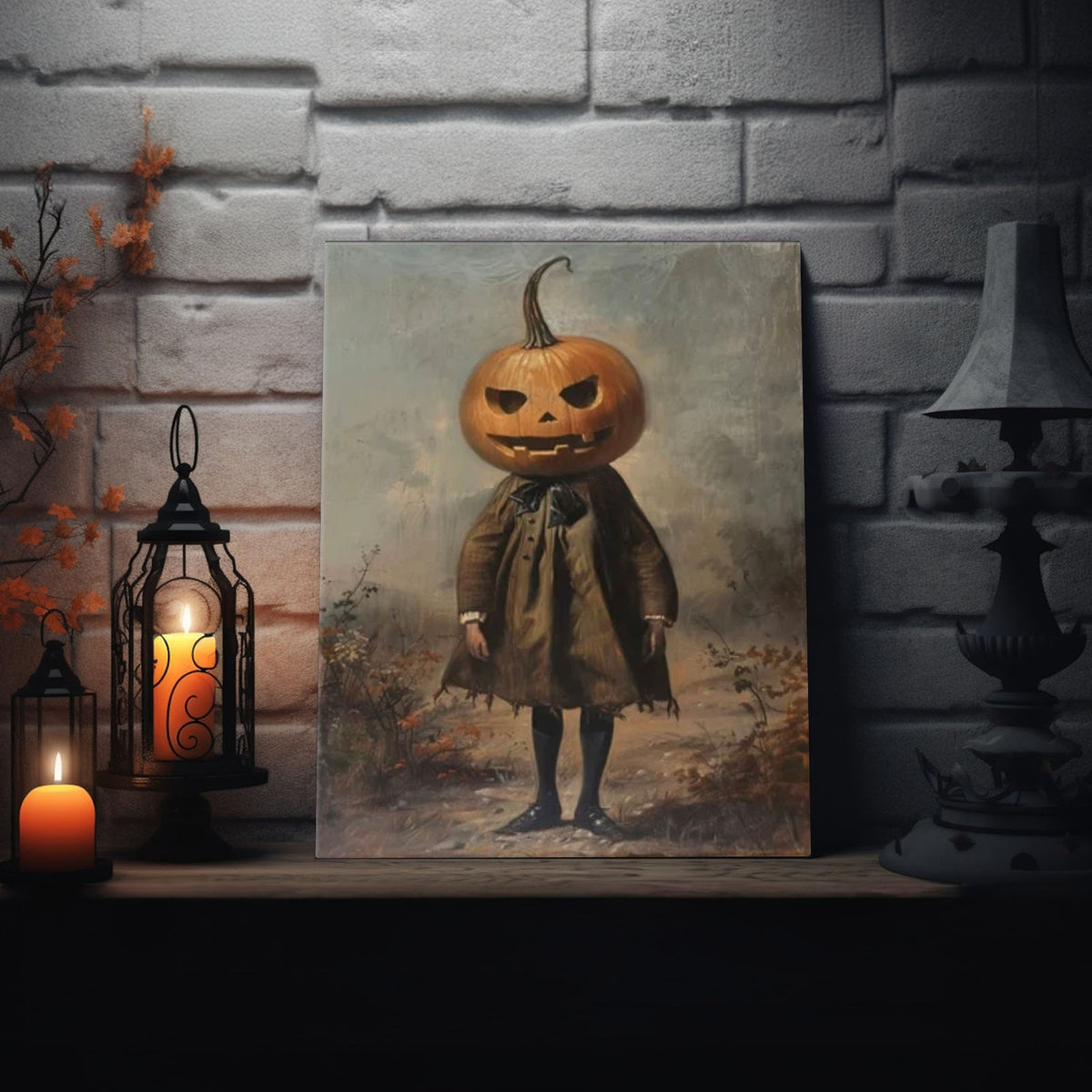 Vintage Gothic Pumpkin Head Halloween Painting Head Scarecrow Wall Art