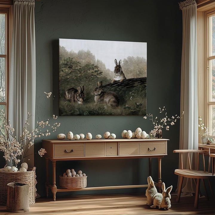 Easter Rabbits Framed Canvas Wall Art, Adorable 4 Hares Cave Oil Painting Home Decor, Nature-Inspired Wall Decor Stunning Lovable Bunny Canvas Prints for Living Room