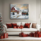 Christmas Tree Farm Canvas Wall Art, Snowy Rustic Farmhouse Landscape with Horse Cart Holiday Decor