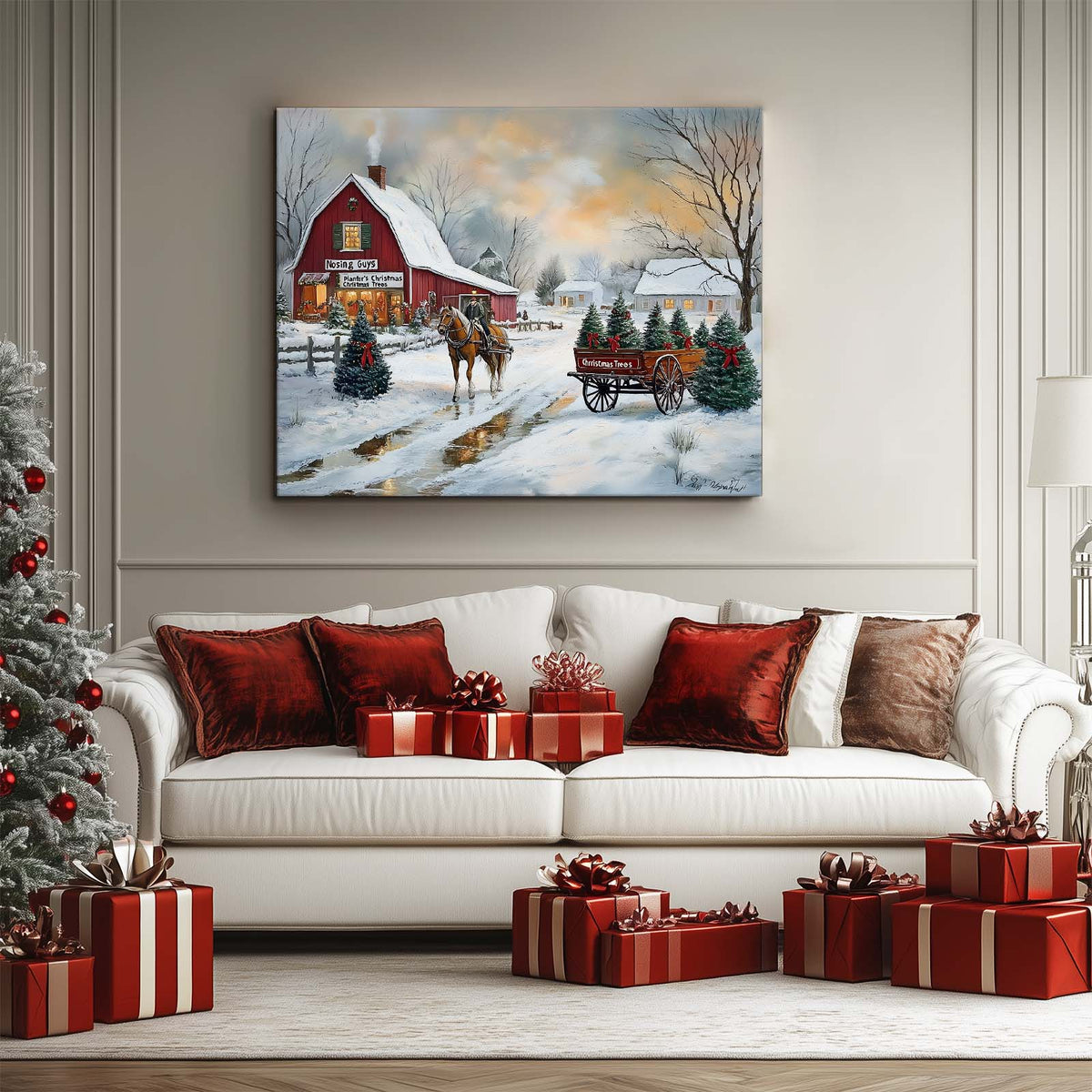 Christmas Tree Farm Canvas Wall Art, Snowy Rustic Farmhouse Landscape with Horse Cart Holiday Decor