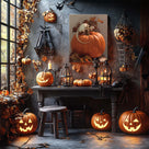 Skull Skeleton Perched on Pumpkin Halloween Wall Art