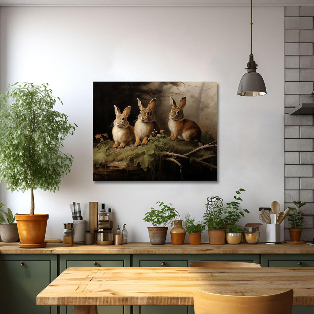 Easter Woodland Rabbits Canvas Wall Art, Adorable Hares Oil Painting Home Décor, Nature-Inspired Wall Decor, Stunning Canvas Prints