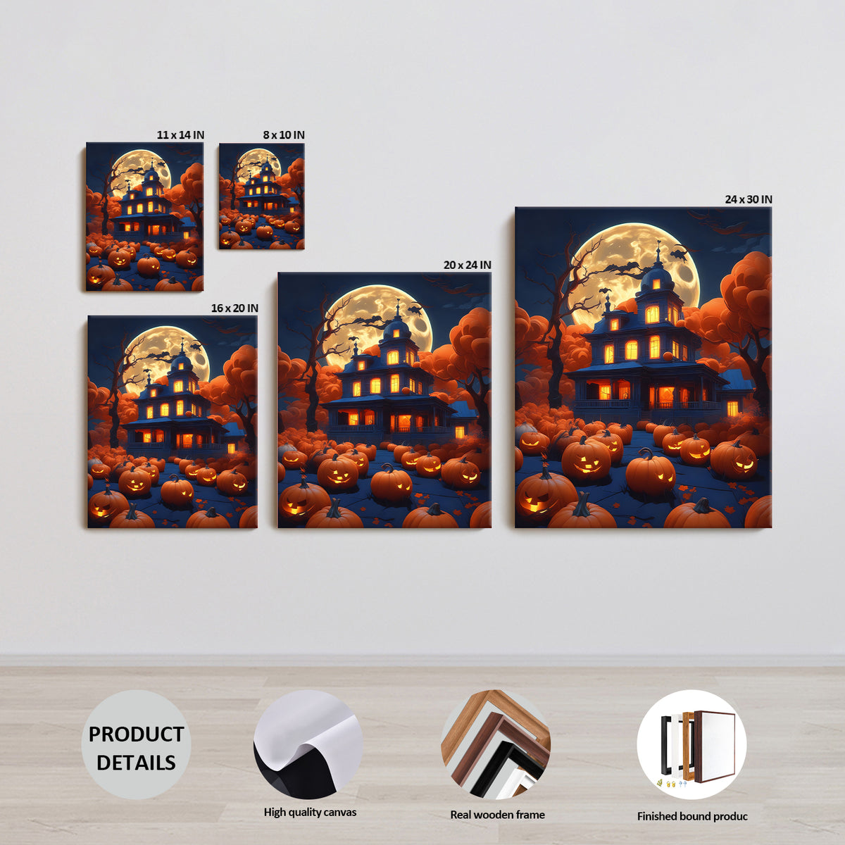 Moonlit Pumpkin Manor Halloween Canvas Wall Art