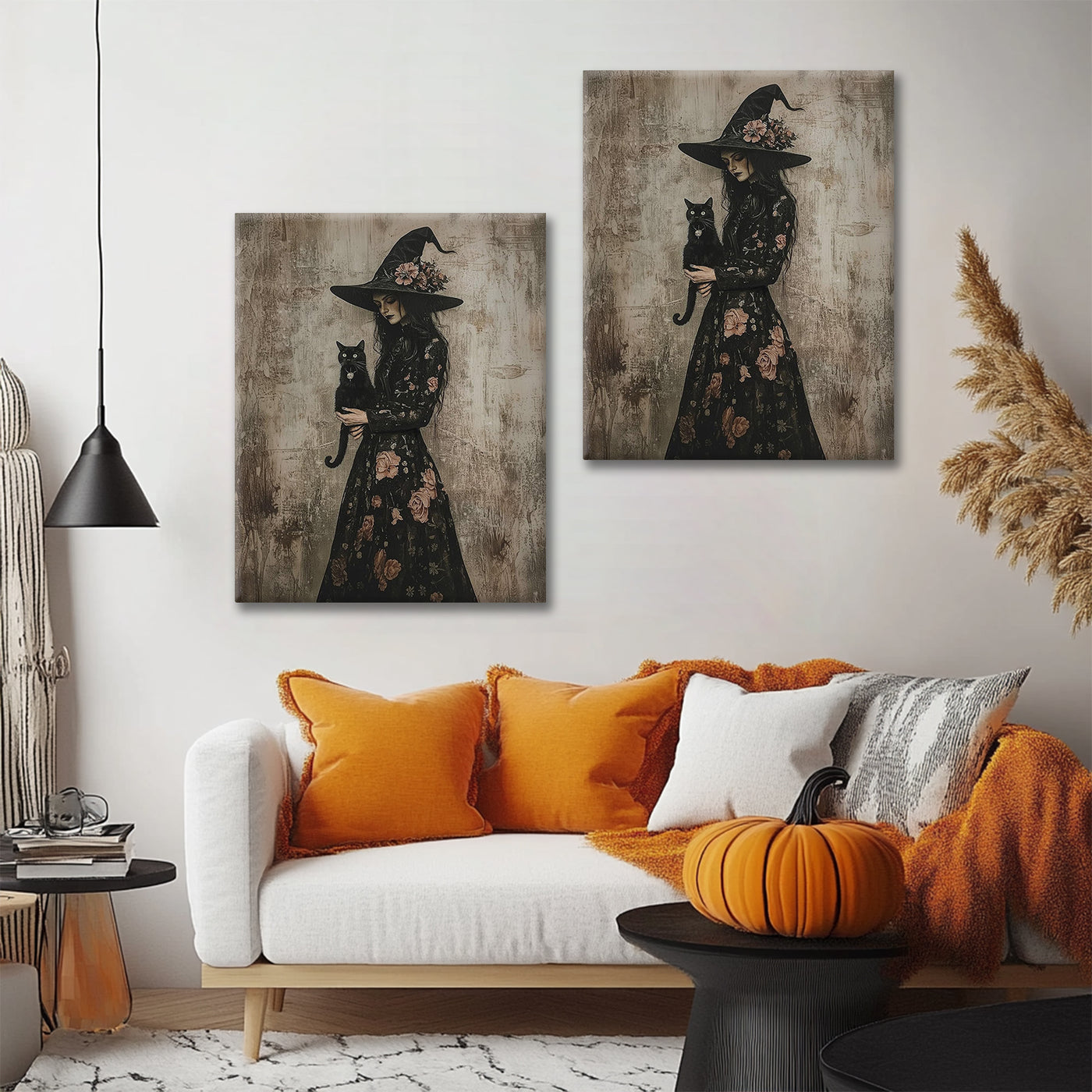 Floral Witch and Black Cat Halloween Canvas Wall Art