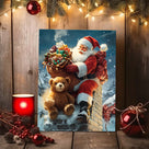 Santa Claus with Teddy Bear Christmas Canvas Wall Art, Santa Delivering Gifts on a Snowy Rooftop Holiday Decor