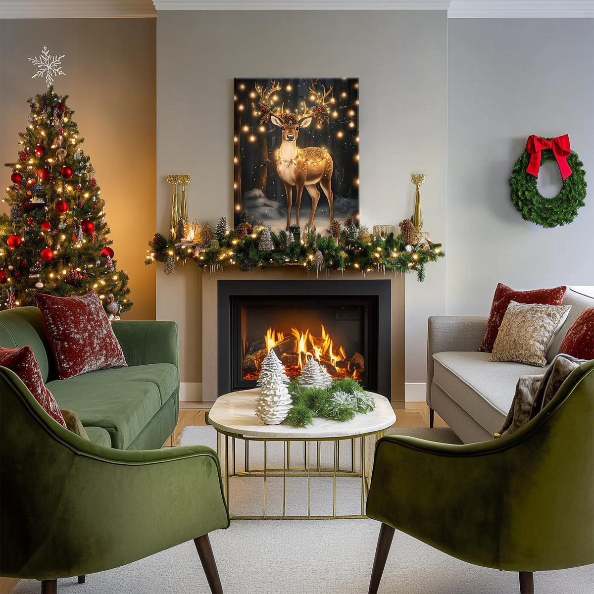 Christmas Reindeer Canvas Wall Art with Lights, Enchanted Winter Forest Holiday Decor for Living Room and Bedroom