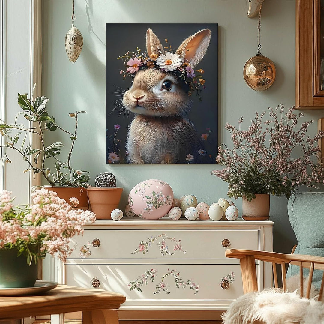 Easter Rabbit Framed Canvas Wall Art, Hare with Flower Crown Oil Painting Home Decor, Nature-Inspired Wall Decor Stunning Lovable Bunny Canvas Prints