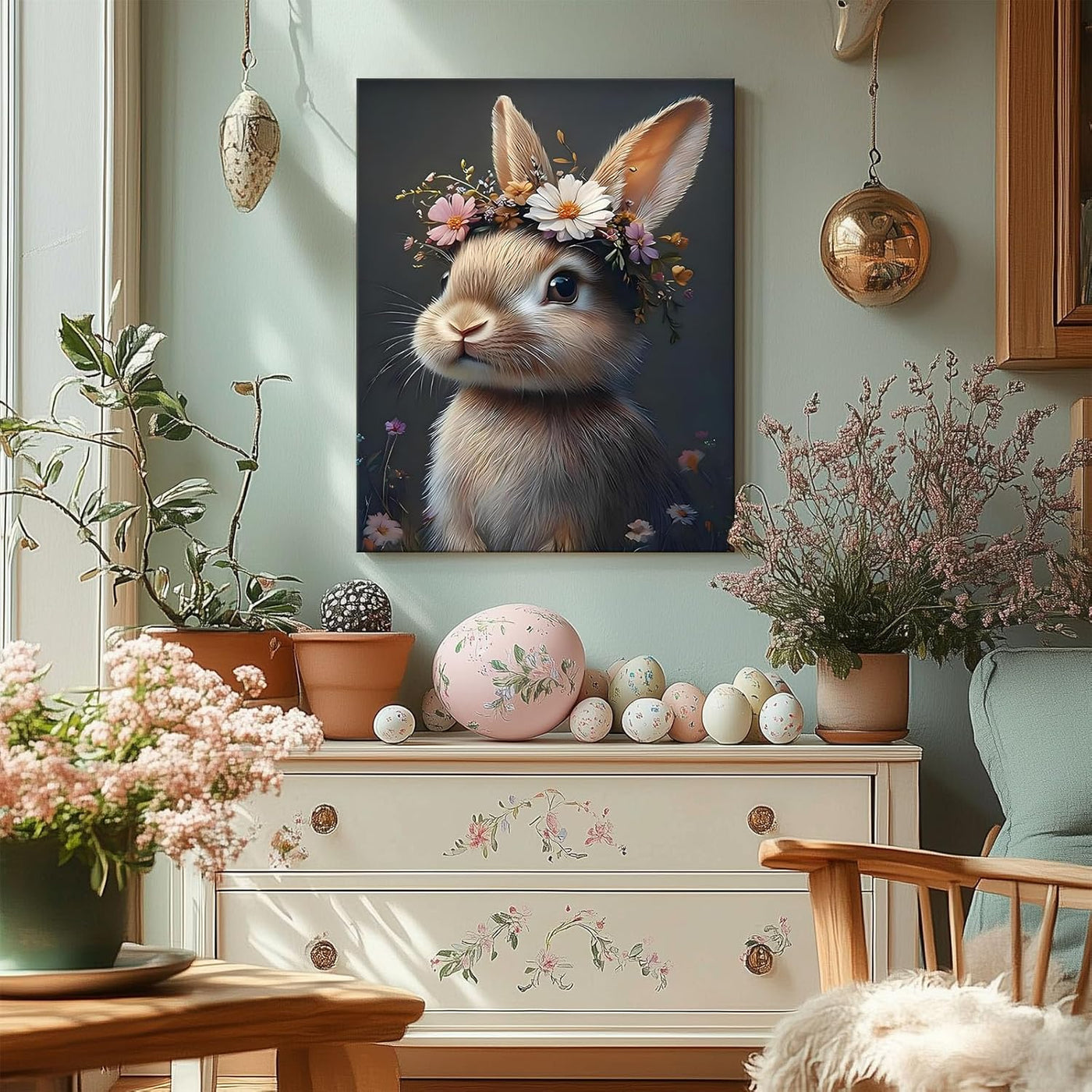 Easter Rabbit Framed Canvas Wall Art, Hare with Flower Crown Oil Painting Home Decor, Nature-Inspired Wall Decor Stunning Lovable Bunny Canvas Prints
