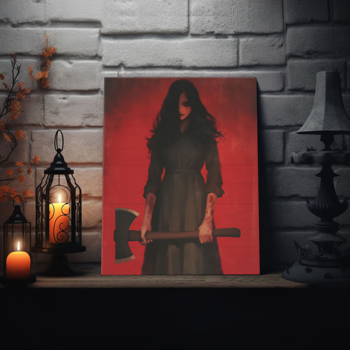 Female Horror Villain with Axe Dark Gothic Horror Portrait Painting Halloween Wall Art