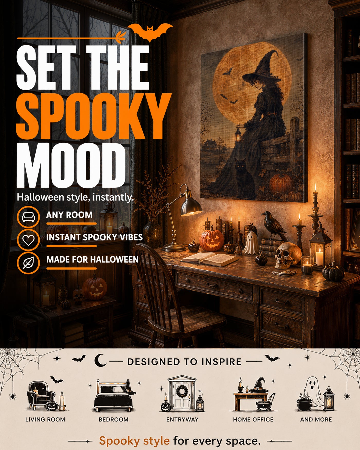 Witch Under the Harvest Moon Halloween Canvas Wall Art