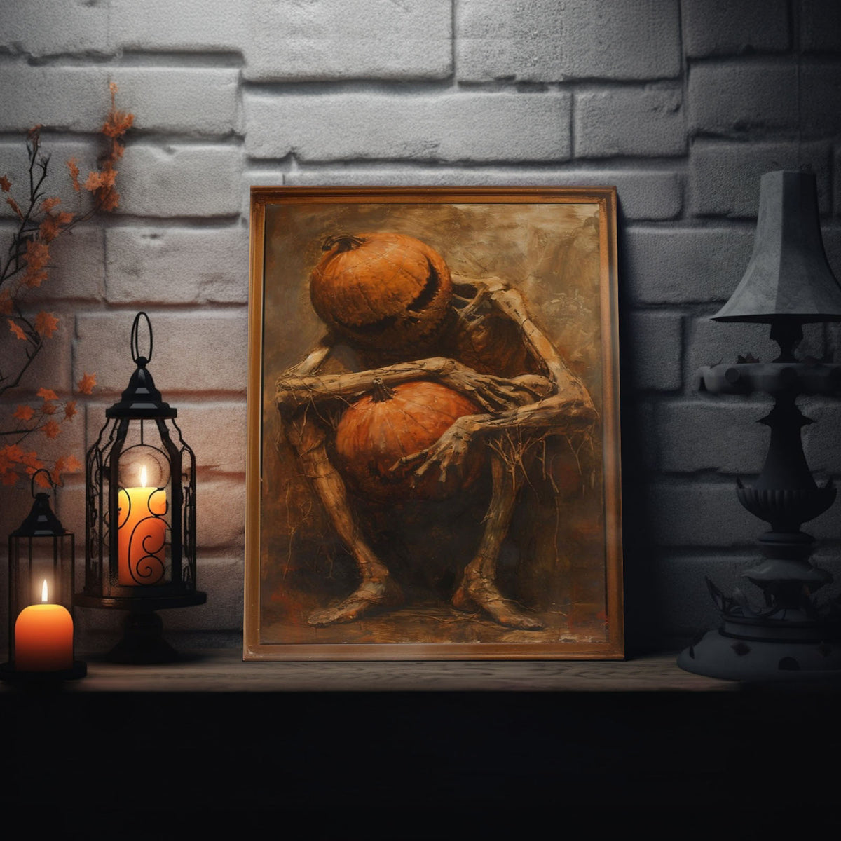 Dark Gothic Halloween Skeleton Pumpkin Painting Wall Art