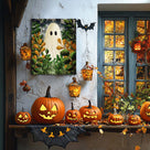 Cute Ghost Among Autumn Foliage Illustration Halloween Wall Art