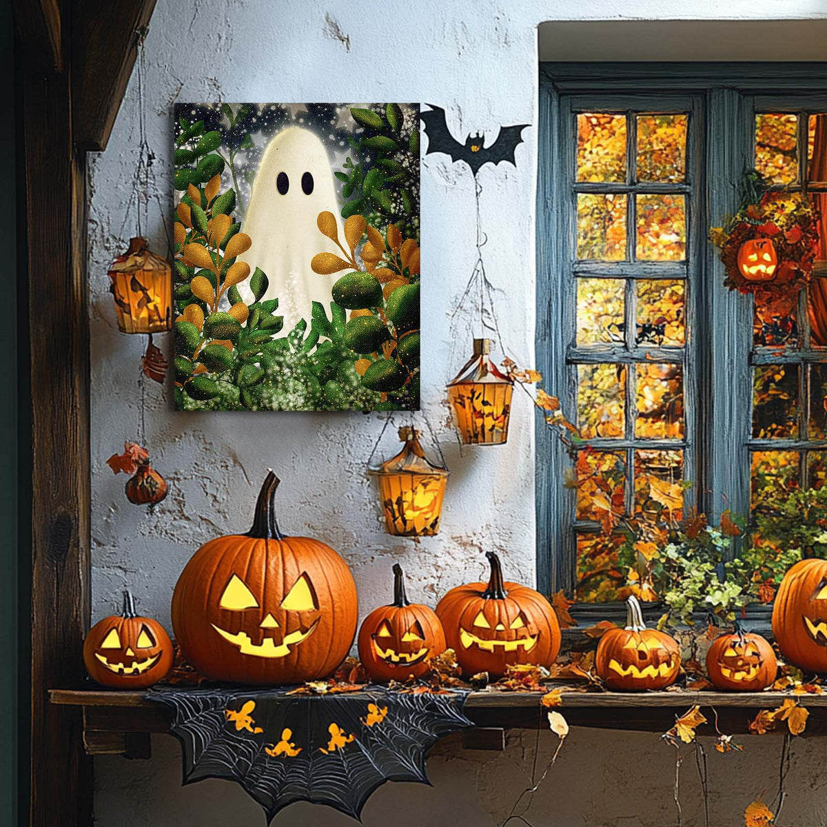 Cute Ghost Among Autumn Foliage Illustration Halloween Wall Art