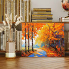 Vibrant Autumn Forest Textured Orange Woodland Path Painting Wall Art