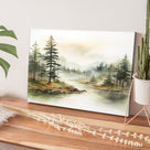 Soft Watercolor Woodland Landscape Misty Pine Forest Lake Wall Art