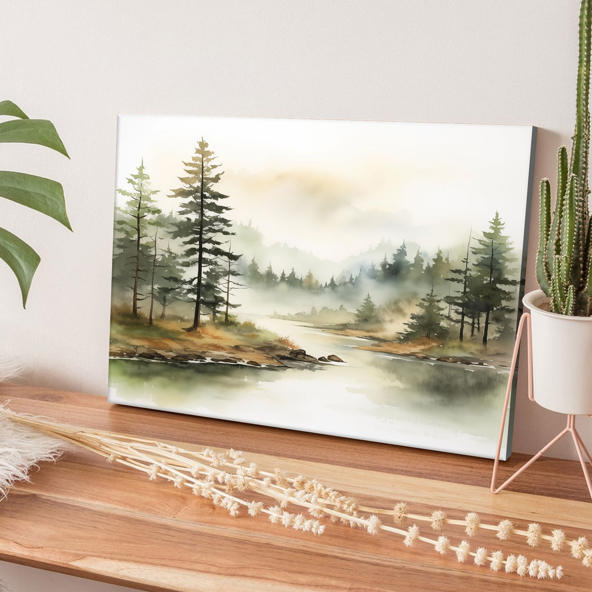 Soft Watercolor Woodland Landscape Misty Pine Forest Lake Wall Art