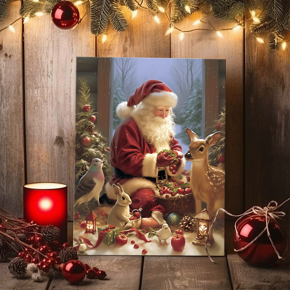 Santa Claus with Woodland Animals Christmas Canvas Wall Art, Whimsical Holiday Decor for Living Room and Nursery