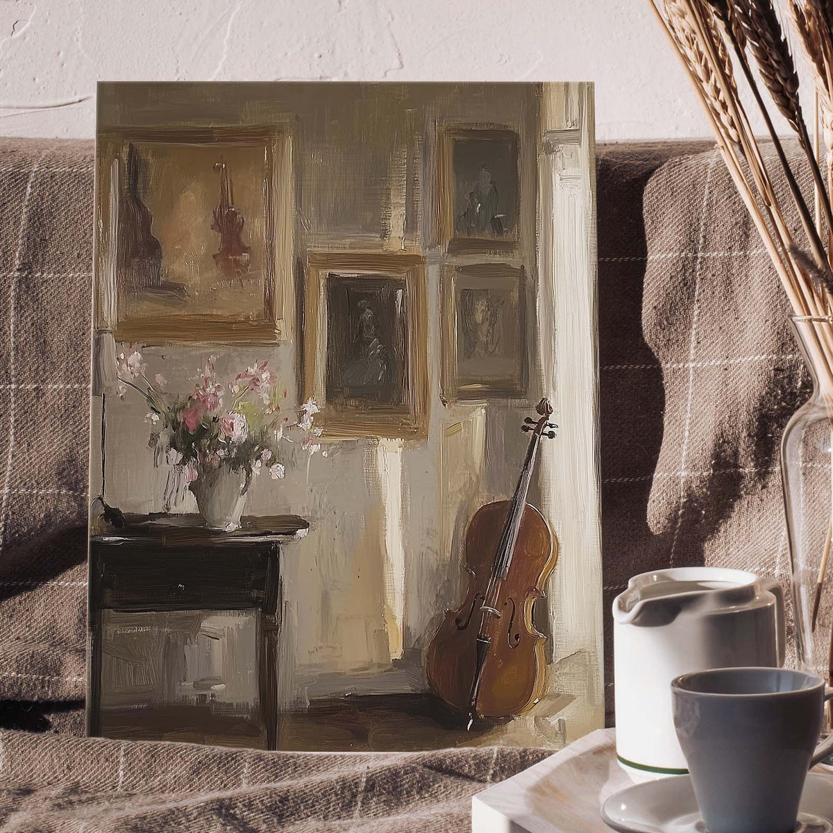 Vintage Violin and Gallery Moody Classical Interior Still Life Painting Wall Art
